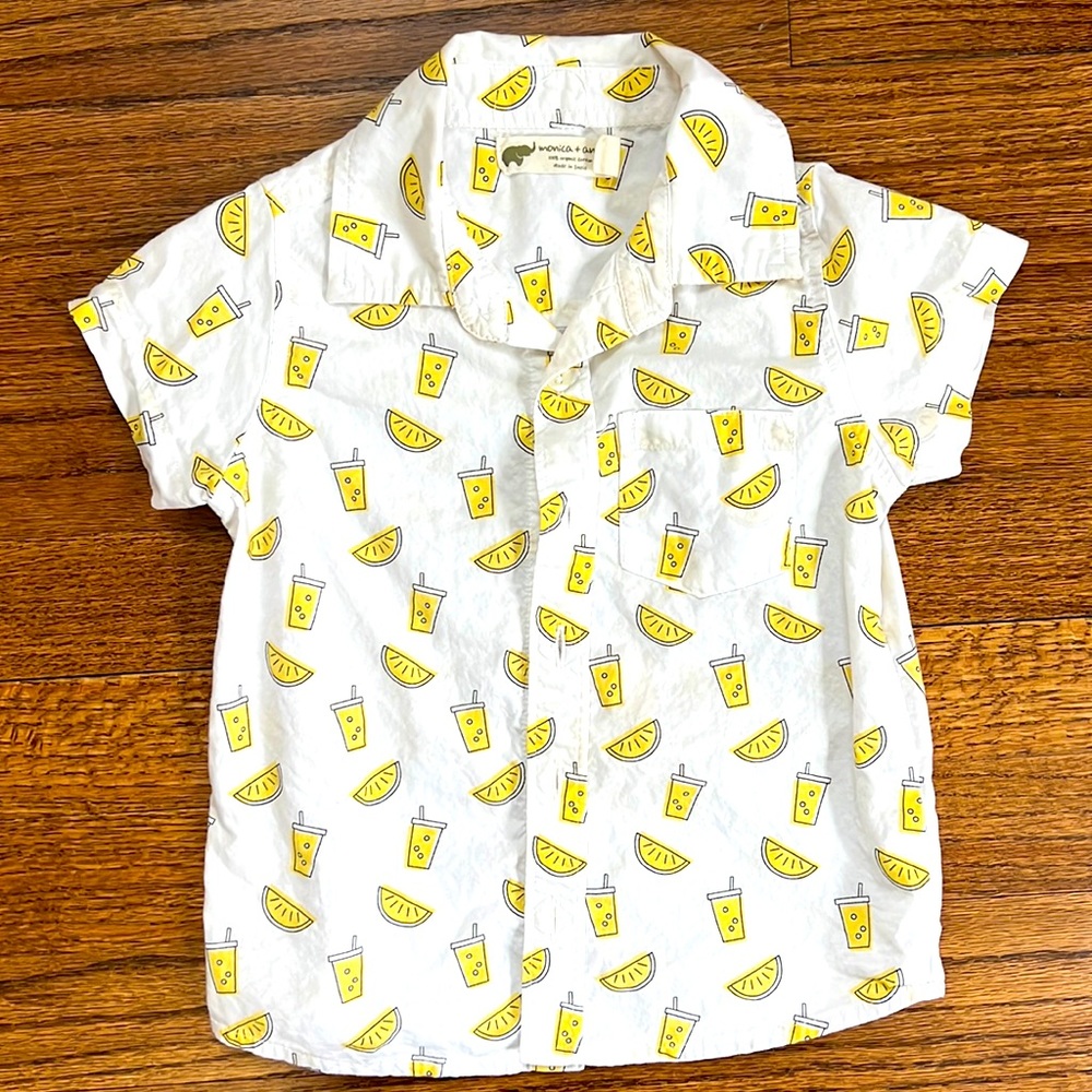 Monica + Andy short-sleeve white button down with yellow soda cups and lemons.